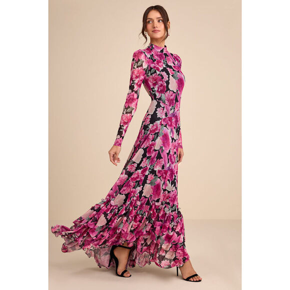 Lulus Dresses & Skirts - Lulus Emilina Black And Magenta Floral Mock Neck Maxi Dress - Size L